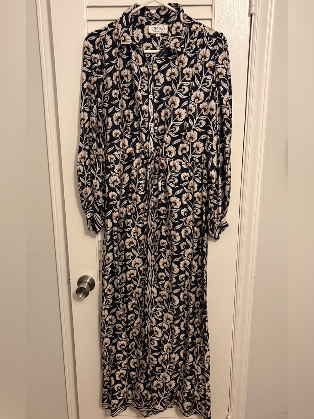 Omika black Floral Button-Front Maxi Dress with Drawstring Waist